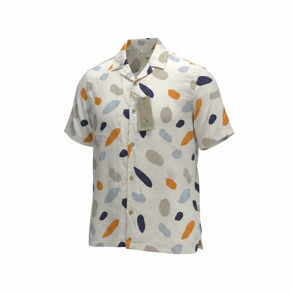 Folk Contour SS Shirt Mens Small Ecru Abstract Print Linen Blend NWT MSRP $182